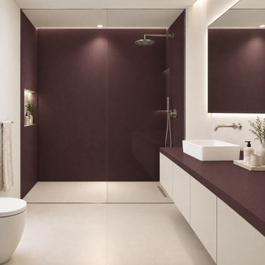 Plum matte interieurfolie op douchewand en badmeubel