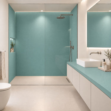 Celadon matte interieurfolie op douchewand en badmeubel